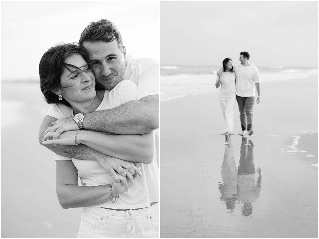 engaged couple walking along the ocean at the jersey shore